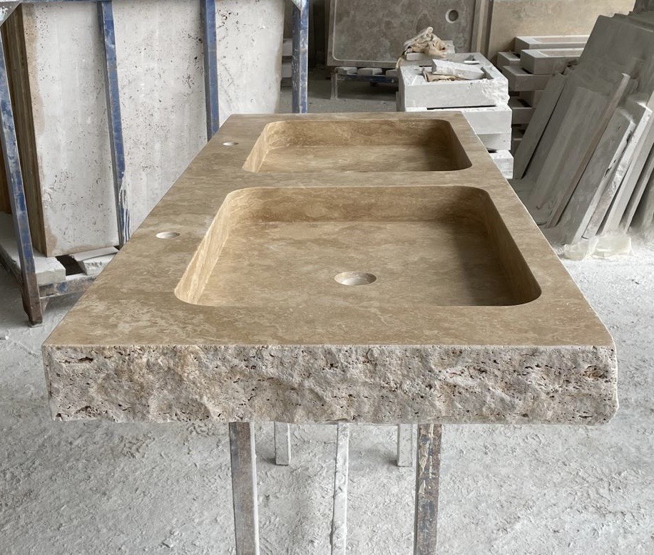 Eviers / vasques double bac en travertin pierre naturelle pour une salle de bain élégante et durable