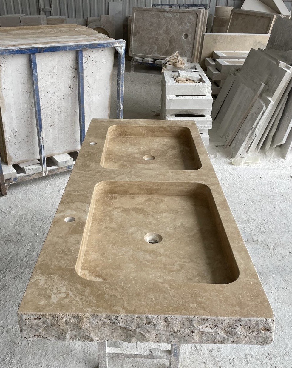 Eviers / vasques double bac en travertin pierre naturelle pour salle de bain élégante et durable
